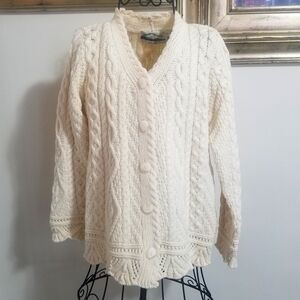 🆕️ Aran Crafts Cream Button-Up Cardigan 100% Merino Wool. Size: Small.